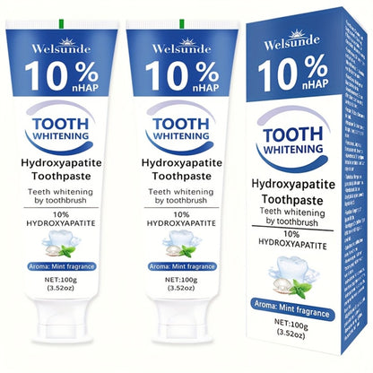 Hydroxyapatite Toothpaste 2-Pack, 10% HAp European Formula for Deep Cleaning & Brighter Smile, Minty Fresh Breath, Gentle on Gums, Fluoride-Free Dental Care for Women & Men, 100g/3.52oz Each