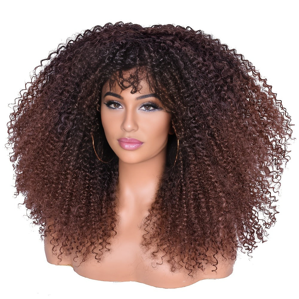 Afro Kinky Curly Wig with Bangs 18 Inch — Glueless Long Synthetic Heat Resistant Hair, Machine Made Natural Afro Bomb Curl Wig in Ombre Blonde Brown Red Black for Women