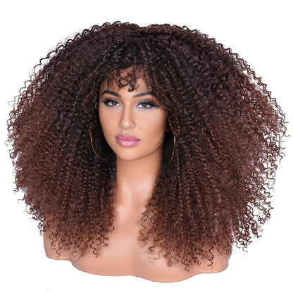 Afro Kinky Curly Wig with Bangs 18 Inch — Glueless Long Synthetic Heat Resistant Hair, Machine Made Natural Afro Bomb Curl Wig in Ombre Blonde Brown Red Black for Women