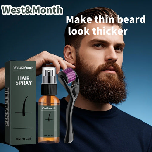 Beard Growth Spray Set with Derma Roller - 30ml Ginseng & Ginger Extract Beard Moisturizer Kit, Microneedle Roller 0.25mm for Men's Beard Care & Grooming