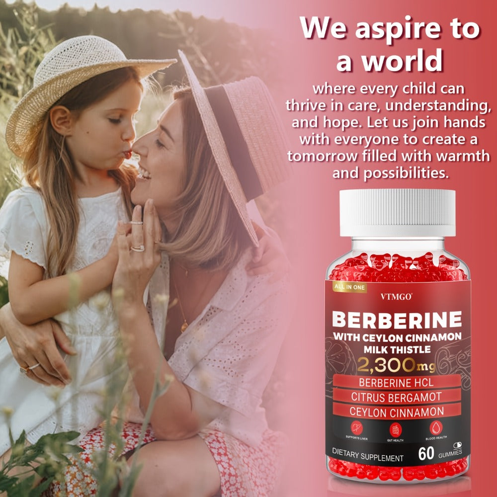 2300Mg Premium Berberine HCL Supplement - with Pure True Ceylon Cinnamon, Milk Thistle, Turmeric for Natural Health And Wellness. Nature'S Gift of Health And Happiness, Berry Flavor, Suitable for Both Men And Women. 60 GUMMIES