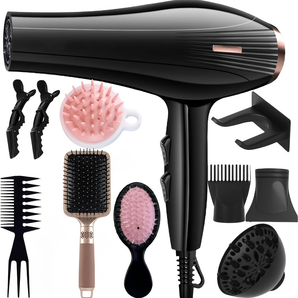 Professional Hair Dryer Set with Accessories - Brushless Motor Blow Dryer Kit with Concentrator Nozzle Comb Clip 2 Modes 3 Speeds for Home Travel Salon Black White Blue Green