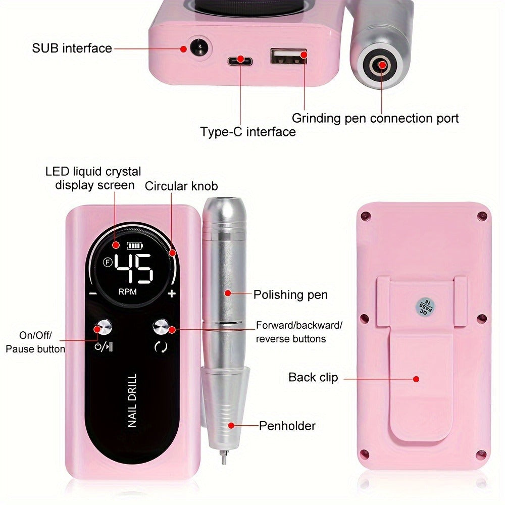 45000RPM Adjustable Speed Low-noise Nail Drill Cordless Display Power Portable Nail File Nail Grinder Suitable for Home Nail Salon Gel Nail Polishing for Nail Salon And Home