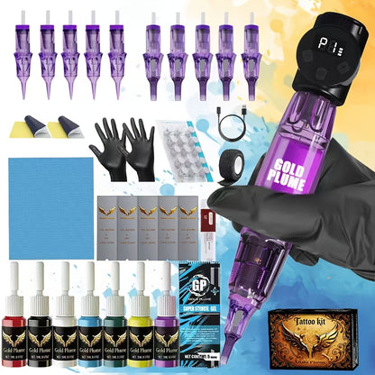 Tattoo Gun Kit Wireless Complete Set TM-60 - 1100mAh Battery, 10 Tattoo Needles, 7 Ink Bottles & Full Accessories for Beginners & Professional Tattoo Masters