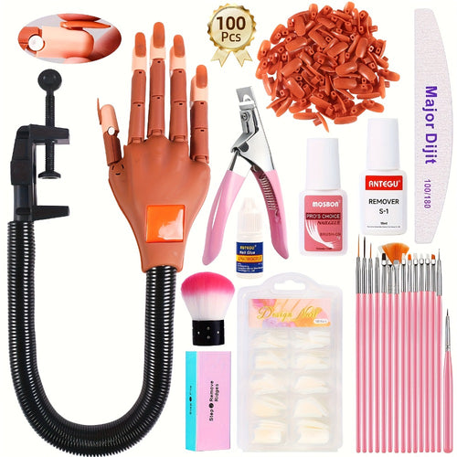 Nail Practice Hand Flexible Fake Hand Model Training Kit for Acrylic Nail Art Exercise Nail Glove Set with Pink Hand Mold for Beginners and Professionals