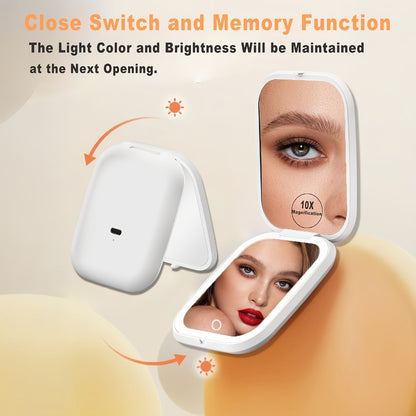 LED Compact Travel Makeup Mirror with Light 10X 1X Magnification, Rechargeable Pocket Mirror 3 Color Modes Adjustable Brightness, 2-Sided Folding Purse Mirror Gift for Women Mom