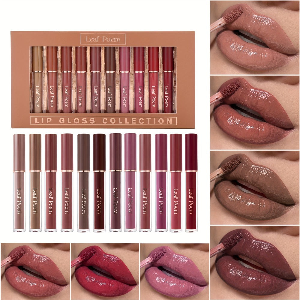 12pcs Lip Gloss Set, Non-stick And Non-fading, Long-lasting - High Color Display, Moisturizing, Waterproof, Hydrating Texture Lip Gloss Suitable for All-day Use, Easy to Apply - Suitable for All Skin Tones And Occasions, Perfect Holiday Gift
