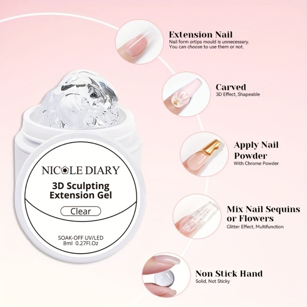 NICOLE DIARY 2pcs/3pcs 3D Carving Nail Gel Polish with Carving Pen White Clear 3D Sculpting Flower Gel Extension Gel Nail Nail Art Carving Gel Modeling Gel Nail Polish Manicure Nail Salon Home Use