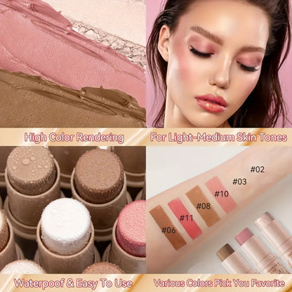 Contour Stick Set 3pcs - Blush Stick, Highlighter Stick & Bronzer Stick Cream Contour Kit, Non-Greasy Waterproof Long-Lasting Makeup for Fair to Medium Skin, Christmas Gift