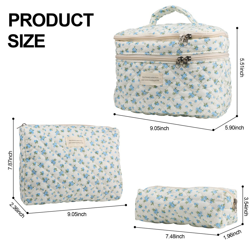 Large Capacity Dual Layer Cotton Makeup Cosmetic Bag (3PCS), Cute Quilted Travel Coquette Aesthetic Floral Make up Bag for Women Toiletry Bag (Blue Rose)