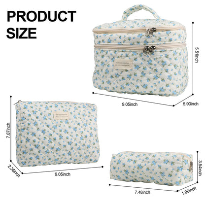 Quilted Floral Makeup Bag Set 3PCS Large Capacity Dual Layer Cotton Cosmetic Bag Coquette Aesthetic Travel Toiletry Bag for Women Girls Blue Rose Pink Floral
