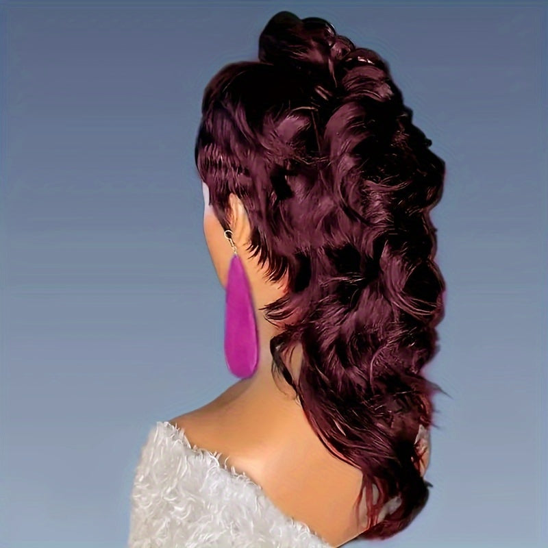 Women's Pixie Cut Mullet Wig with Bangs - Black Curly Wave 150% Density Rose Net Cap High-Temperature Synthetic Fiber Wig for | Realistic Texture, Low Maintenance & Heat Resistant Styling, Hair Wig, Fashion Accessory, Tailcoat Hairstyle