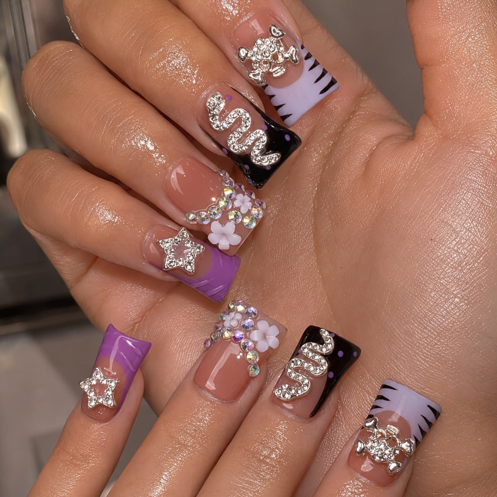 10pcs, Spring And Winter Nails Colors 2026, Handmade Short Duckbill Acrylic Nails With Black Leopard Print, Zebra Print, Bowknot, Snake, Skull And Rhinestone, Suitable For Women And, Party/daily Wear, Including Tools