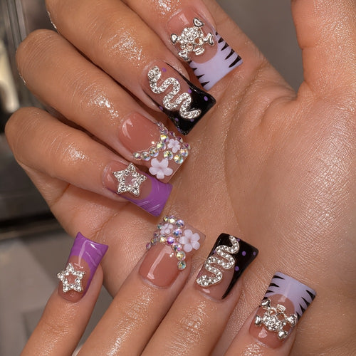 Handmade Press On Nails 10pcs Short Duckbill - Leopard Print Zebra Bowknot Snake Skull Rhinestone Acrylic Nails with Tools Party Daily Wear Nail Art for Women S M L 2026 Trends