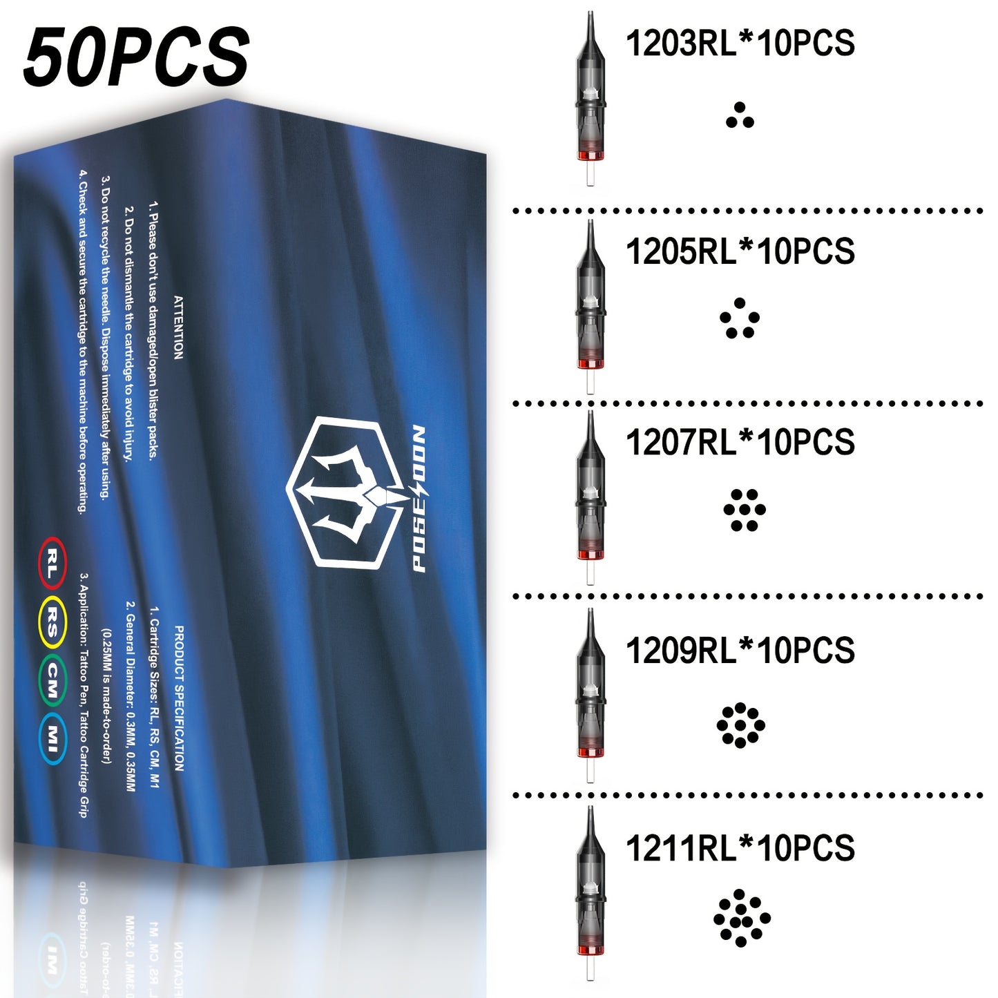 Round Liner Tattoo Cartridge Needles 50pcs Assorted Mix - #10 Bugpin & #12 Standard 3RL 5RL 7RL 9RL 11RL Disposable Membrane Safety Long Taper for Tattoo PMU V2