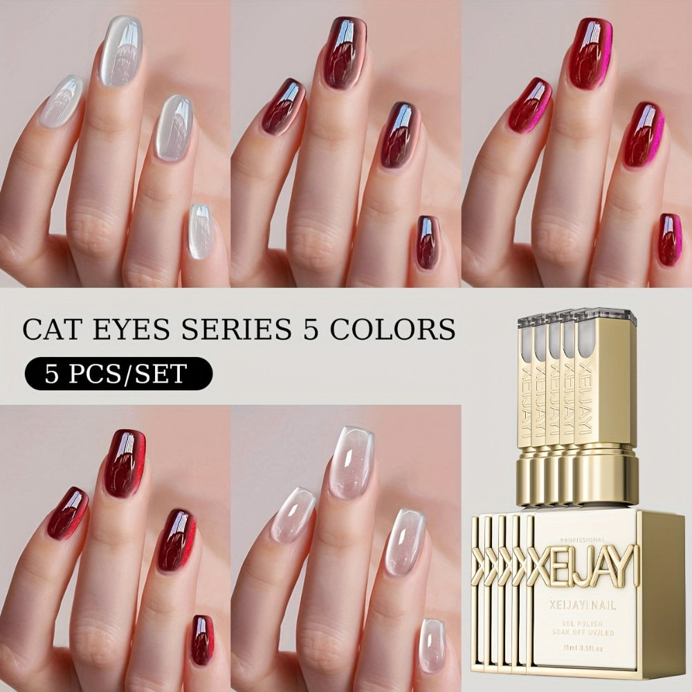 XEIJAYI Electroplating Bottle 5pcs Cat's Eye --- Super Bright Cat's Eye Gel Ruby Cat's Eye Porcelain White Glass Bead Effect Sparkling LED Nail Gel Home Salon Must-have Salon Gel