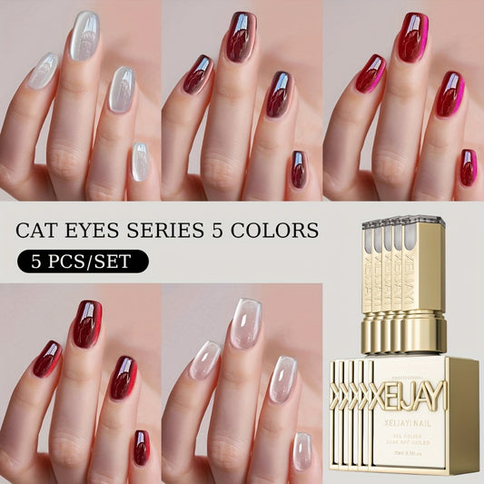 Magnetic Cat Eye Gel Nail Polish 5 Color Set Ruby Red Raspberry Blackberry White Moonlight Plain Water UV LED Soak Off Shimmer 3D Glass Bead Effect Nail Art Kit for Women Home Salon
