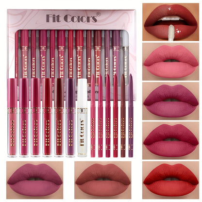 Lip Gloss and Lip Liner Set 13-Piece Matte Non-Stick Waterproof Long-Lasting Moisturizing Lip Glaze Combo Kit Beauty Gift for Women