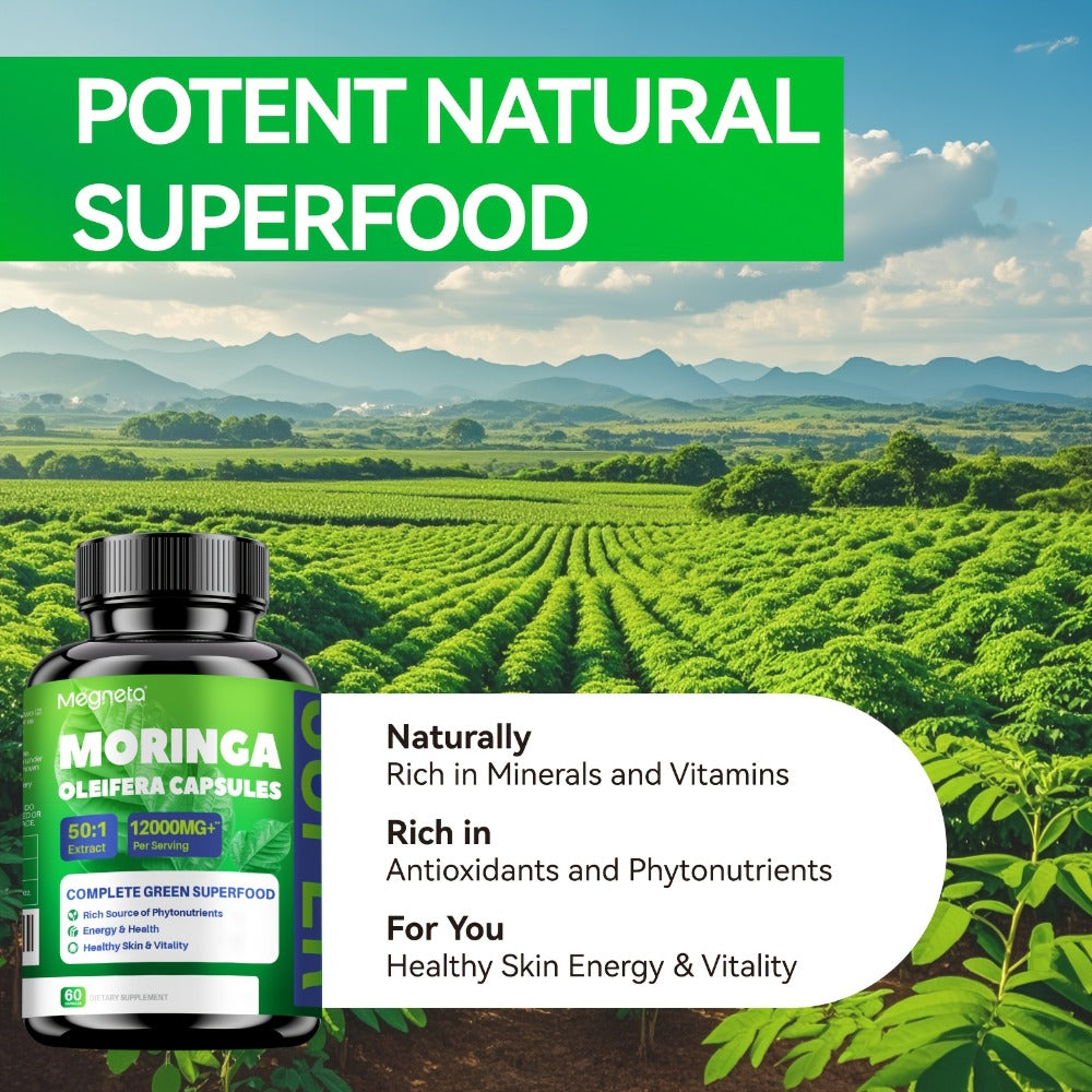 [Limited Offer] Megneta Moringa Capsules - 12000mg Moringa Powder, Rich In Antioxidant, Energy, Skin Health, Gut Health, Immune, 60 Capsules