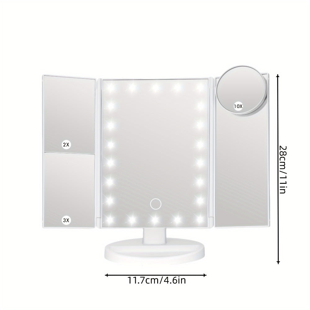 LED Trifold Mirror with Magnifying Mirror, Lighted Cosmetic Mirror Dressing Mirror, Bathroom Adjustable Brightness Mirror, 1X/2X/3X/10X Magnification And Touch Screen Trifold Cosmetic Mirror, Two Power Modes