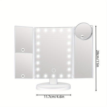 LED Lighted Trifold Makeup Mirror with 1X 2X 3X 10X Magnification, Touch Screen Vanity Mirror with Adjustable Brightness, USB Powered Folding Cosmetic Mirror for Bathroom Dressing Table