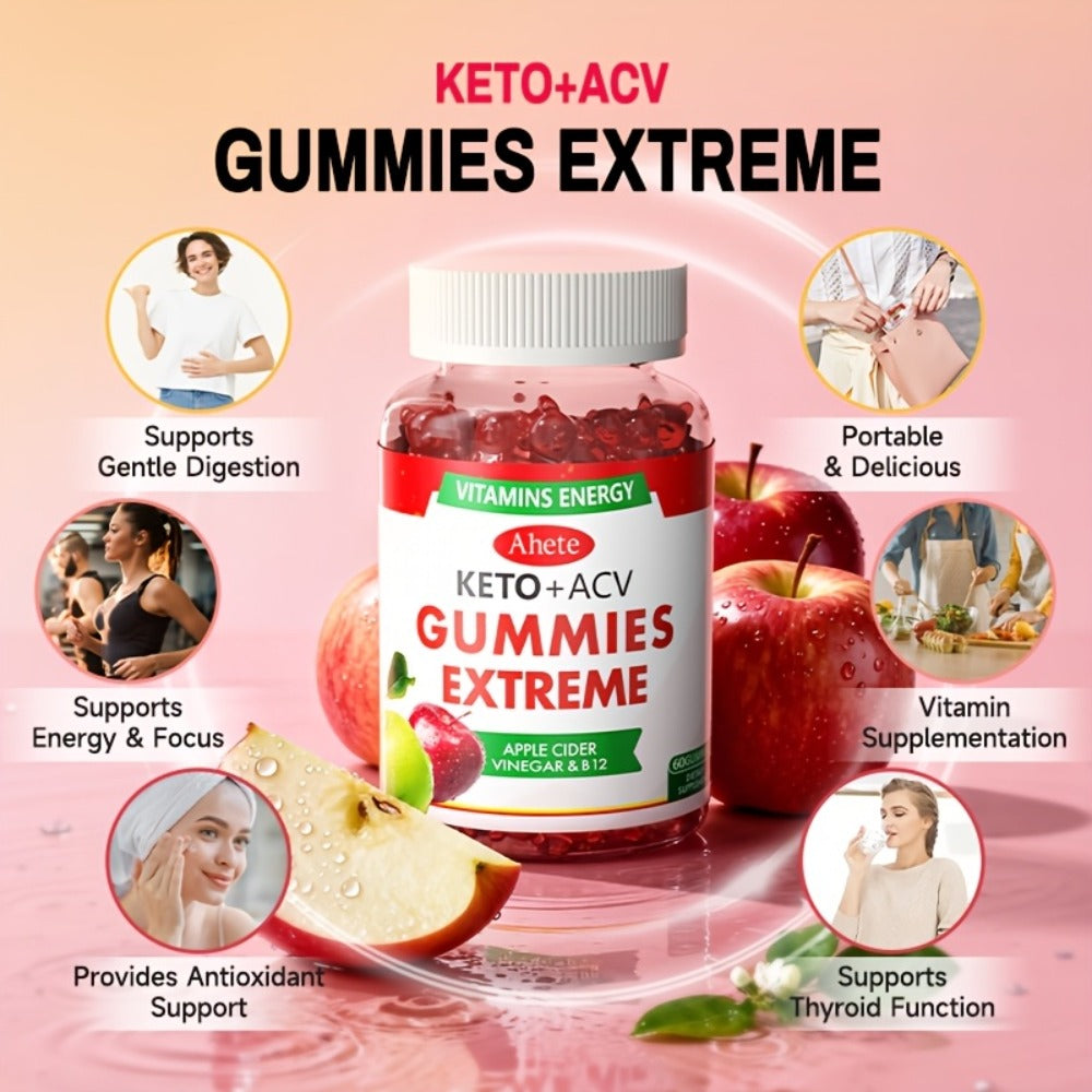 [KETO+ACV]AHETE Apple Cider Vinegar Gummies- Made with Beet Juice, Combined with Vitamin B12, Vegan Formula, Supports Gentle Digestion And Antioxidant Effects. 60pcs Per Bottle, Sufficient for One Month's Supply.