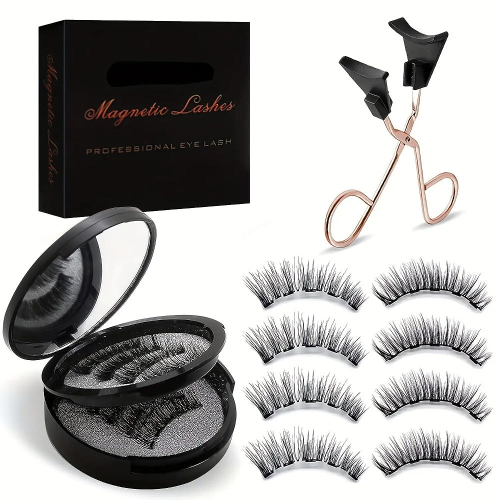 8pcs Natural Glue-3D False Eyelashes(One Box)- Reusable Double Magnetic False Eyelashes Set with Clips, Reusable, Waterproof, Glue, Easy to Wear, Women