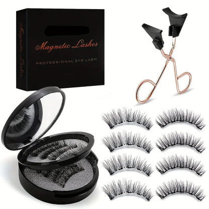 Magnetic Eyelashes with Eyeliner — 3D Reusable False Lashes Set, 8 Pairs Natural Look Waterproof Double Magnetic Lashes with Applicator Clips, No Glue Easy Wear for Women