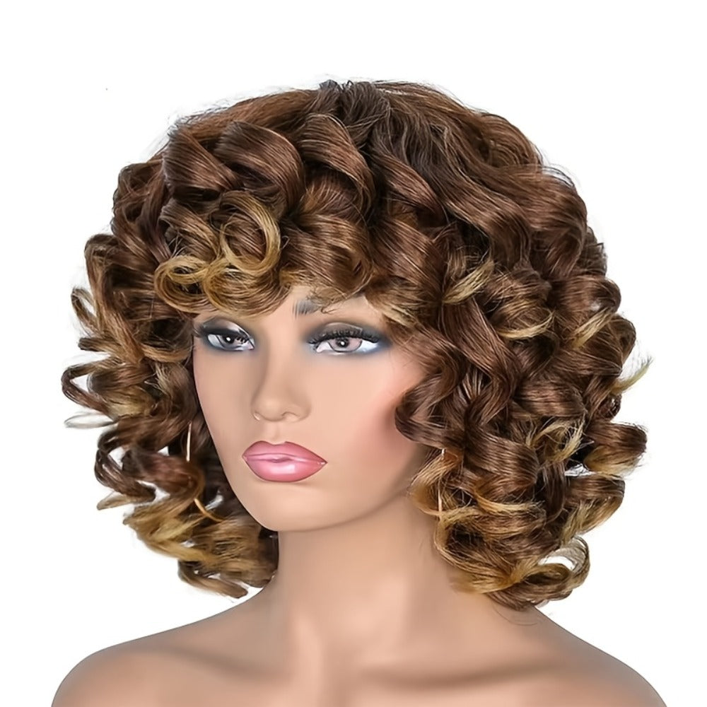 Kinky Curly Afro Wig with Bangs 14 Inch Synthetic Hair Wig for Black Women Ombre 2 Tone Black Brown Golden Natural Volume Daily Wear Hair Replacement Wig