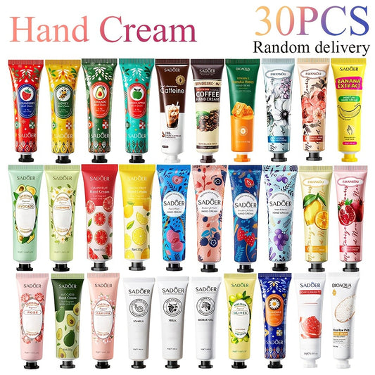 Mini Hand Cream Travel Set 30pcs — Moisturizing Body Lotion with Glycerin & Lactic Acid, Non-Greasy Winter Skin Care, 30 Random Scents, Perfect Gift for Women & Family (30g Each)