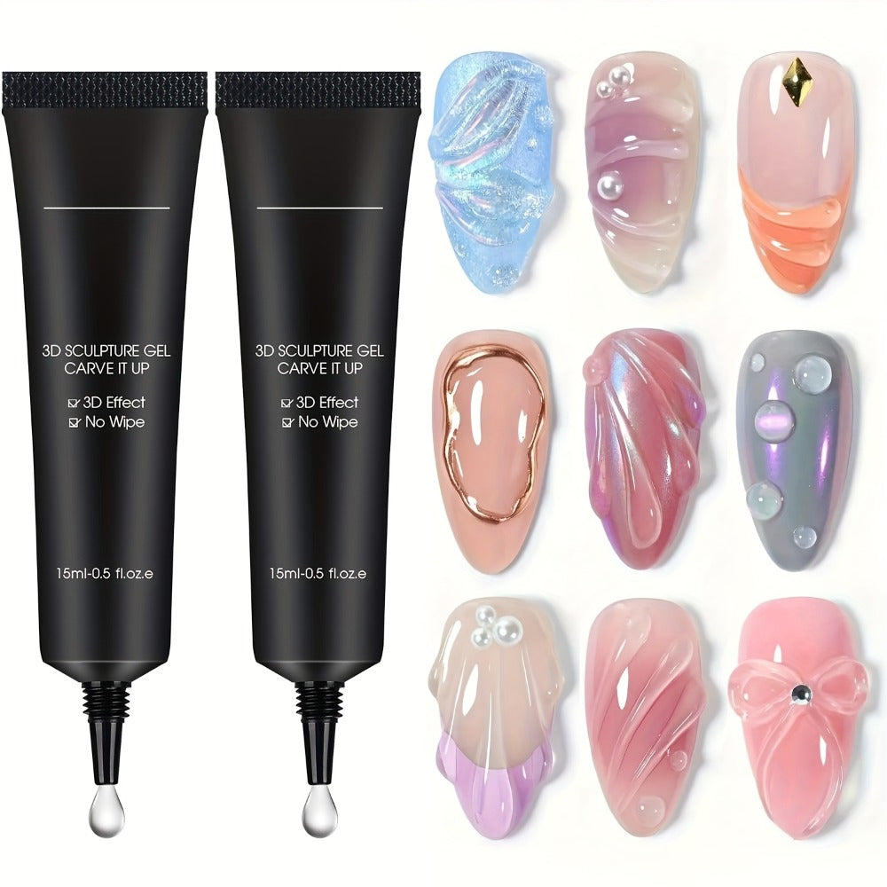 3D Nail Gel - Nail Art Sculpting Gel Nail Gel 0.51oz*2 No Wipe Clear Gel Nail Gel, Nail Design DIY Nail Art for 3D Gel Nail Polish Painting Nail Painting Gel Decoration Nail Art