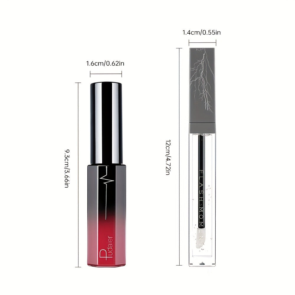 Matte Lip Gloss and Lip Oil Set 3-Piece - Long Lasting Waterproof Velvet Finish, Non-Stick Formula for All Skin Types, Red Purple Pink Berry