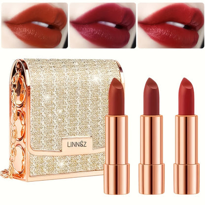 Velvet Matte Lipstick Set 3-Pack Waterproof Long-Lasting Anti-Fading Formula with Silvery Chain Bag Gift Packaging for Women