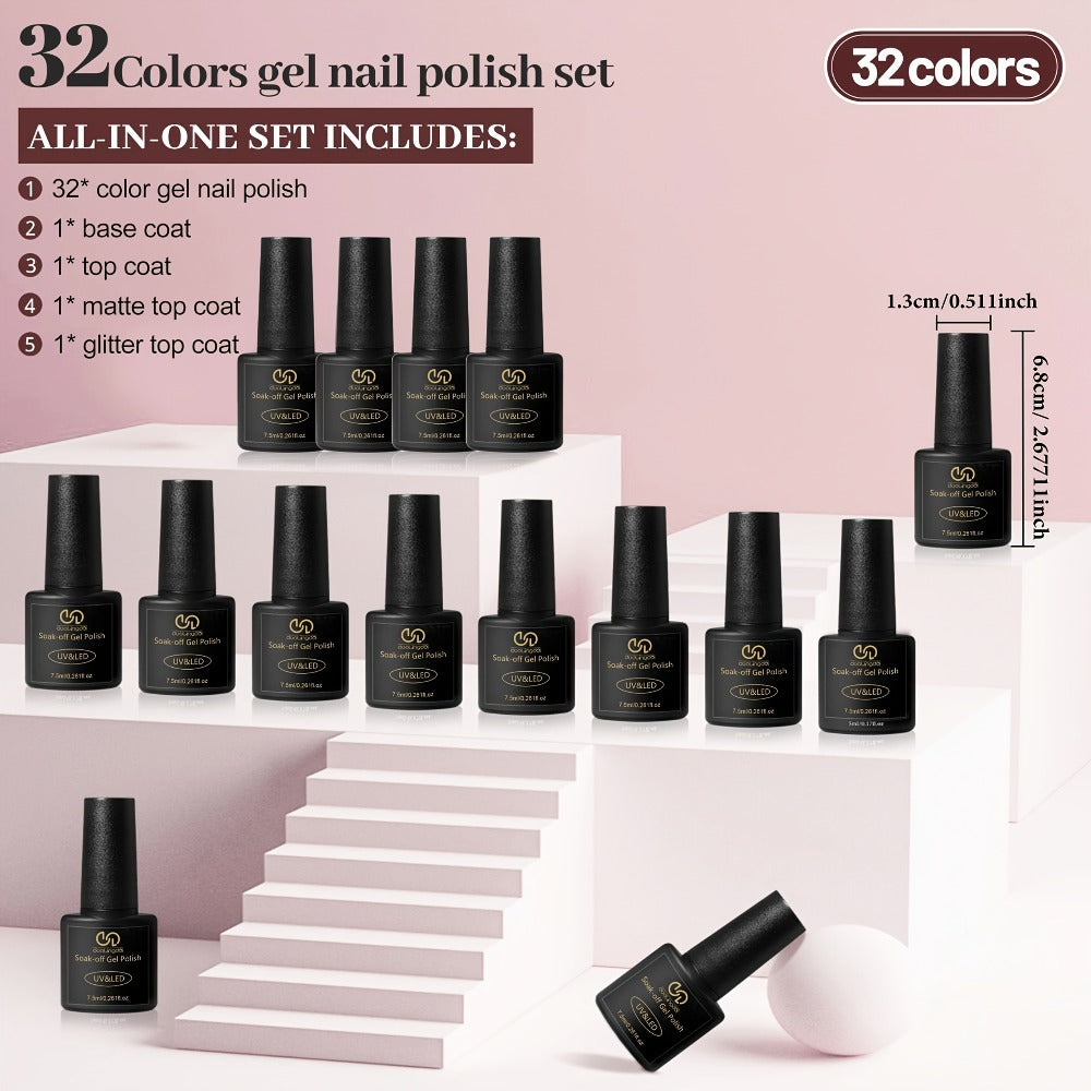 36pcs PC5 Gel Nail Polish Set - 32 Colors Gel Polish Kit Base Coat Glossy Matte And Glitter Top Coat Nail Polish Set Green Blue Red Pink Collection Gifts for Women