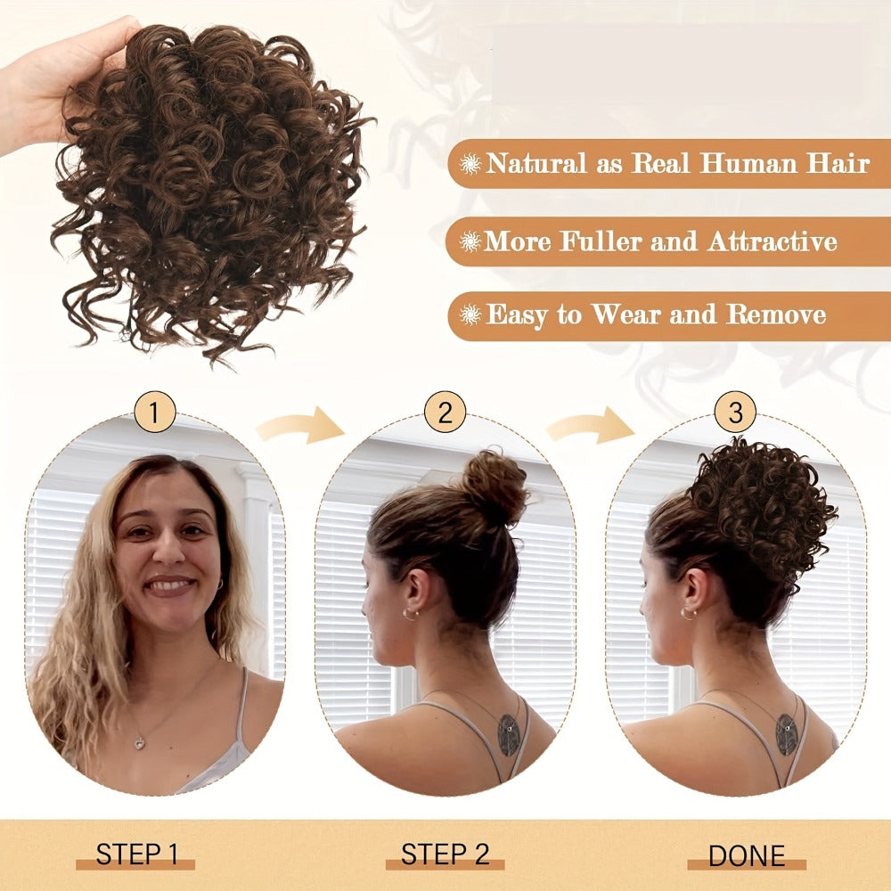 Messy Bun Hairpiece Drawstring Loose Curly Clip In Hair Extension Scrunchie Fake Bun Ponytail Updo Women 10 Inch Thick Voluminous Brown Dark Blonde All Hair Types