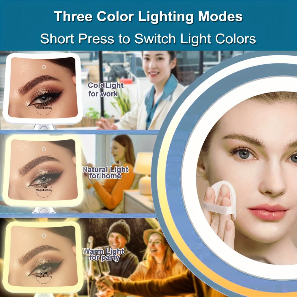 2000mAh Rechargeable 25X Magnifying Mirror with Light, Suction Cup, Locking Suction Mount, Travel Magnifying Mirror with 360° Adjustable, Travel Makeup Mirror with Dimmable Touch & 3 LED Light Settings, Valentine's Day Gifts, Weddings, Birthday Gift