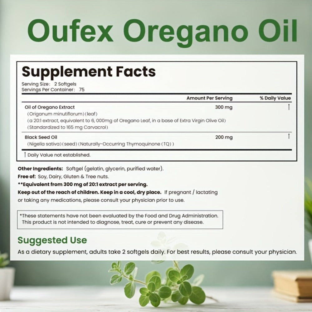 Oufex Oregano Oil | Featuring Black Seed Oil with High Carvacrol & Thymoquinone | Plantbased Antioxidant & Seasonal Wellness Support | 150 Softgels