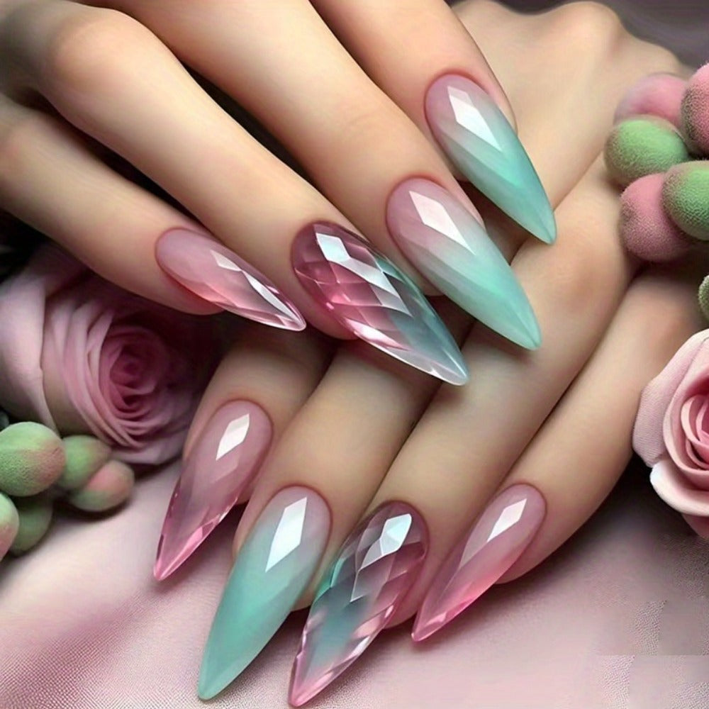 Press On Nails 120 Pieces 5 Packs - Medium Almond Fake Nails Gradient Holographic | Mixed Color Orange Tones Full Cover False Nails Kit with Jelly Glue & Nail File for Women Girls