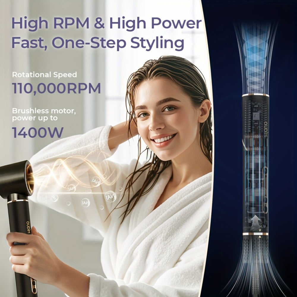 6-IN-1 Multi-Functional Hot Air Comb, Negative Ion Hair Dryer Brush And Styler, 110, 000 RPM High-speed, Frizz-free Hot Air for Rapid Drying, Air Styling Comb, Curling Iron, Straightener, Auto-winding Curling Rod, Foldable Handle, with A Storage Bag