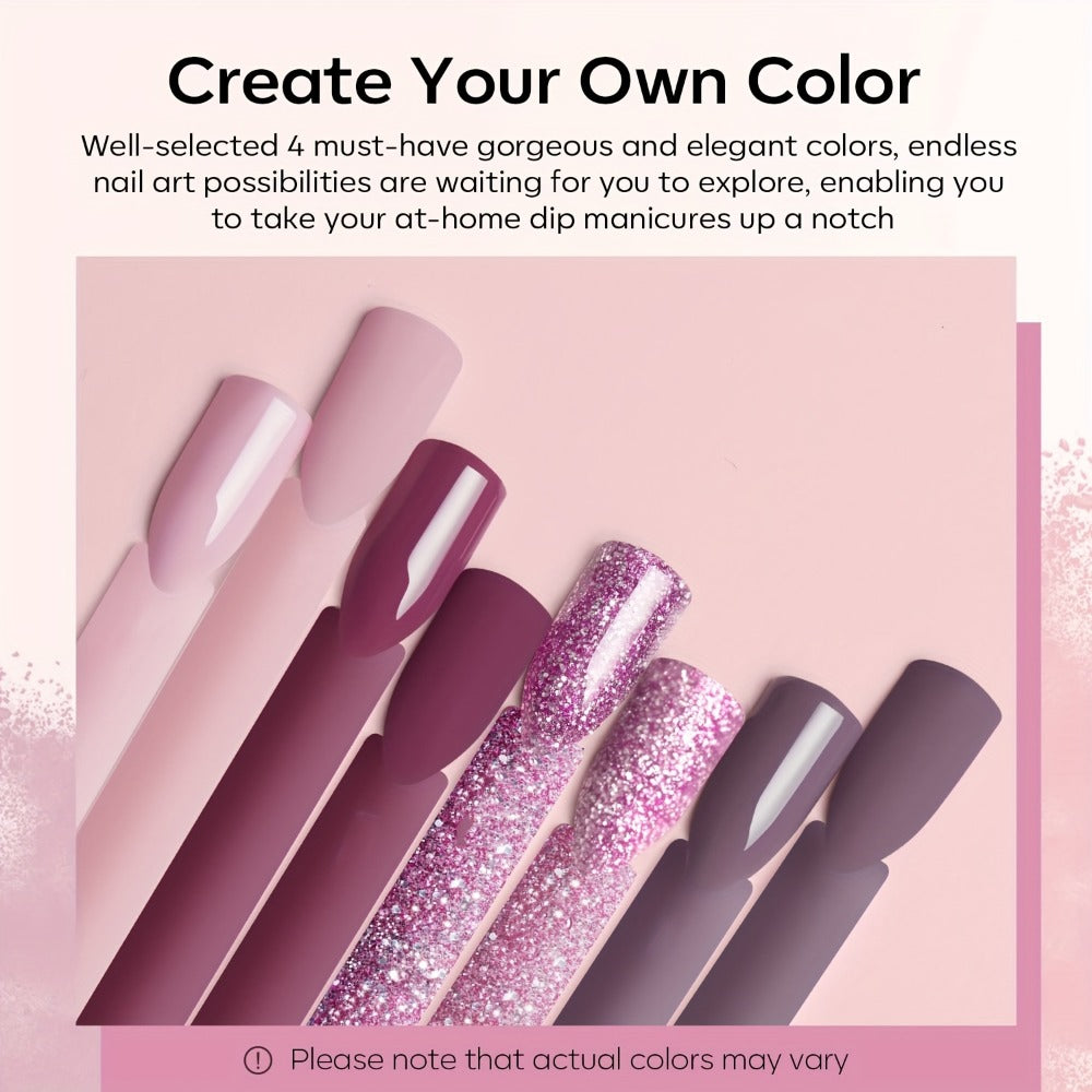 NOCIS Dip Powder Nail Kit Starter, 4 Colors Nude Pinkish Glitters Acrylic Dipping Powder System Liquid Set with Base/Top Coat Activator for French Nail Art Manicure Salon All-in-One Beginner Extension Kit