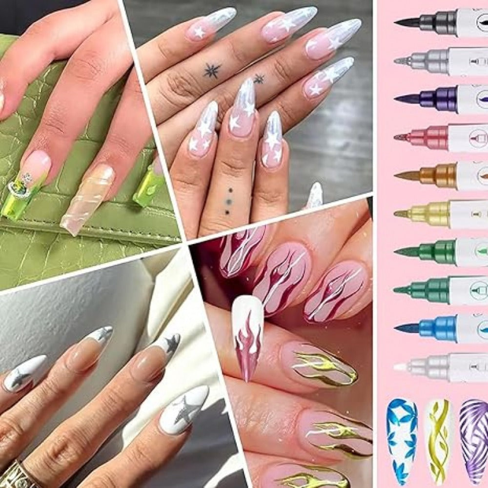 10 Color Metallic Nail Art Pens Set with 12pcs Nail Stickers| Due-Headed 3D Nail Polish Pen| Acrylic Doodle Nail Markers, Nail Paint Dot Stitching Pens, Graffiti Pens for Home Salon Nail Gift Graduation