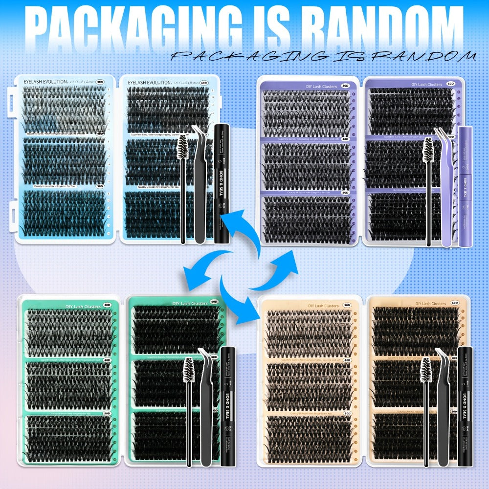 Lash Clusters Kit 720pcs Clusters Lash Extension Kit 30D-100D Eyelash Extensions Kits C Curl Individual Wispy Lashes Cluster Natural Eye Lash Trays With Glue&Tweezers For Beginners