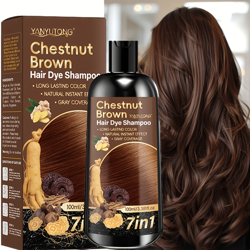 Hair Dye Shampoo 7-in-1 Gray Hair Coverage - Ginger Oil, Biotin & Rosemary Infused Color Shampoo, Gentle Scalp Formula, Brown, Chestnut Brown & Black