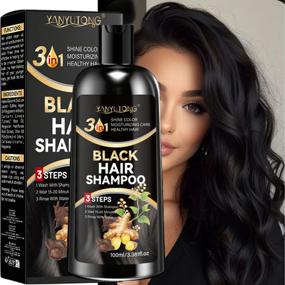 Black Hair Dye Shampoo with Polygonum Multiflorum & Ginger Extract — Instant Gray Coverage, Gentle Non-Damaging Plant-Based Formula, Long-Lasting Color, Unisex, 3.38 oz / 100ml