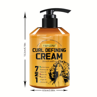 Curl Styling Cream 7-in-1 280ml — Argan Oil & Rosemary Oil Formula for Natural Fluffiness, Frizz Control & Long-Lasting Curl Definition | Waves & Curly Hair