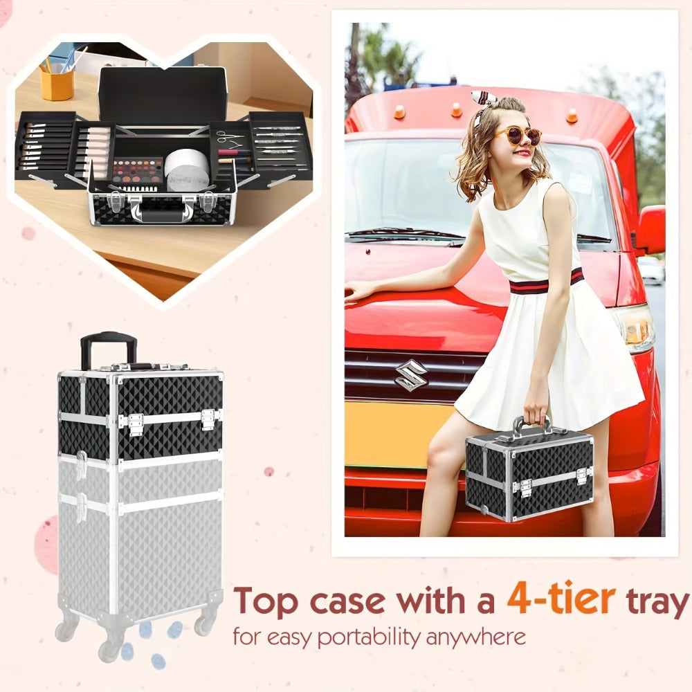 Rolling Makeup Train Case with Makeup Sponges Set, Large Storage Cosmetic Trolley 3in 1 Large Capacity Trolley Makeup Travel Case with Key Swivel Wheels Salon Barber Case Traveling Cart Trunk