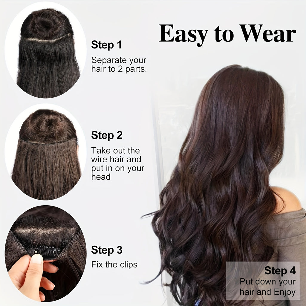 [Invisible Wire Hair Extensions] 22 Inch Invisible Wire Hair Extensions | Fish Line Hair Extensions with Transparent Wire Headband, Adjustable Size, 4 Secure Clips, Long Wavy Hairpiece for Women, Natural Long Wavy Clips Ins Hair Extensions for Thin Hair,