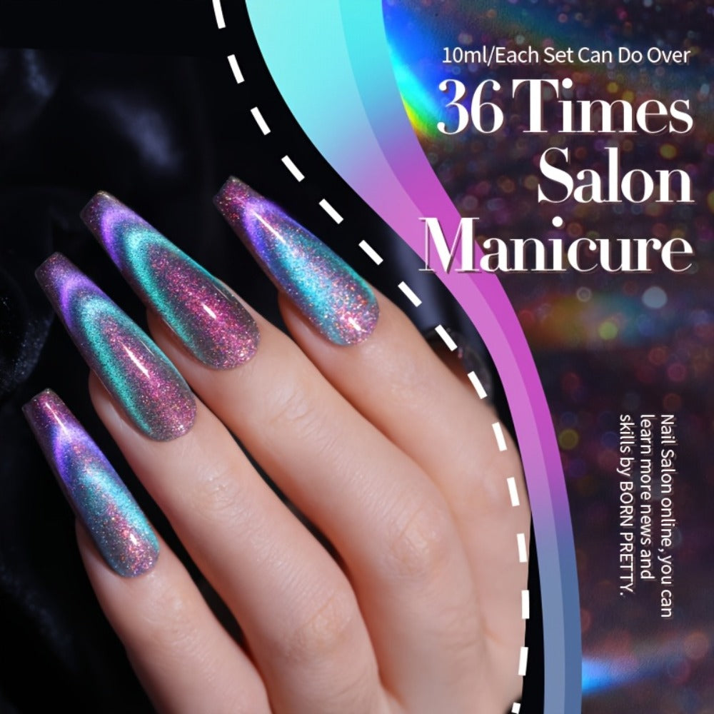 BORN PRETTY 0.34oz 6pcs Double Light Reflective Glass Cat Magnetic Gel Polish for Halloween Party Sparkling Rainbow Color Gel Soak Off