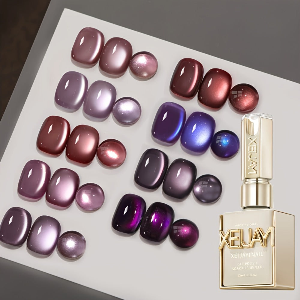 XEIJAYI 9pcs 0.51oz Purple Cat Eye Nail Polish Gel Gel Soak Off Nail Magnetic Gel Polish Nail Art DlY for Salon At Home-No Magnetic Stick Included for