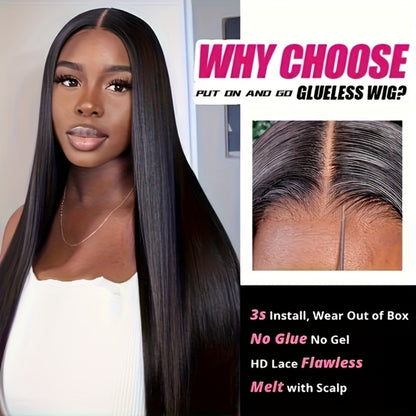Wear and Go Wig Human Hair 4x4 HD Lace Closure — Glueless, Pre-Plucked, 200% Density, Straight, Pre-Cut Lace, Ready to Wear Wig for Women, Natural Black, 16–36 Inch